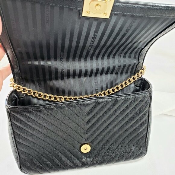 Victorias Secret Black Quilted Shoulder Bag With Gold Chain Strap Faux Leather - Picture 16 of 16